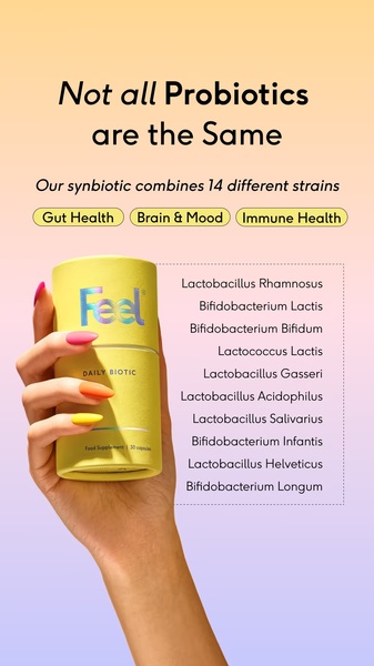 A clean, minimalist 9:16 vertical creative highlighting product benefits with a clear list of probiotic strains against a soft gradient background.